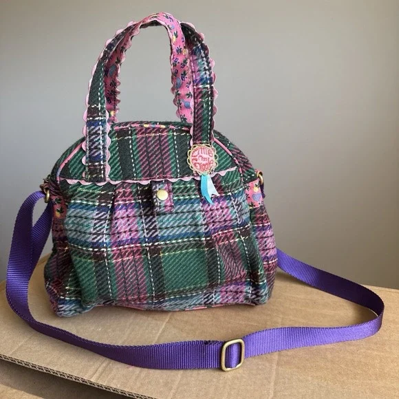 Oilily Pink Green Purple Plaid Floral Embroidered crossbody Satchel Purse - Picture 1 of 16